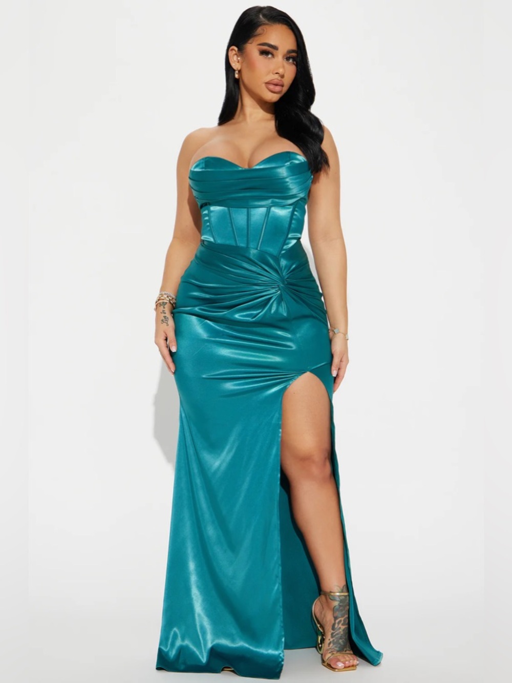 Fashion Nova Teal Strapless Satin Maxi Dress with Side Slit